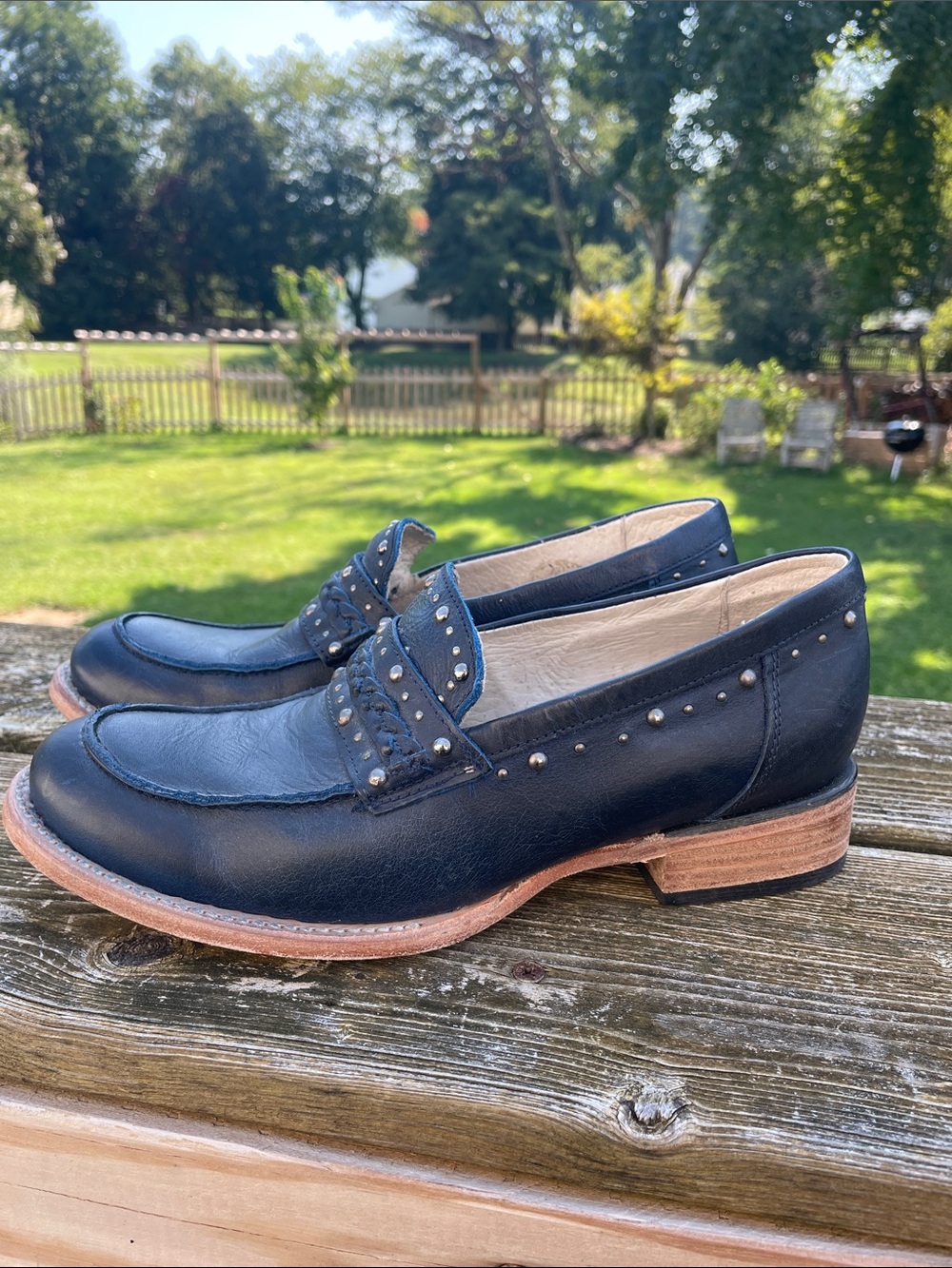 Freebird by Steven Myla Navy Blue Sz 8 Leather Studded Braided Loafers